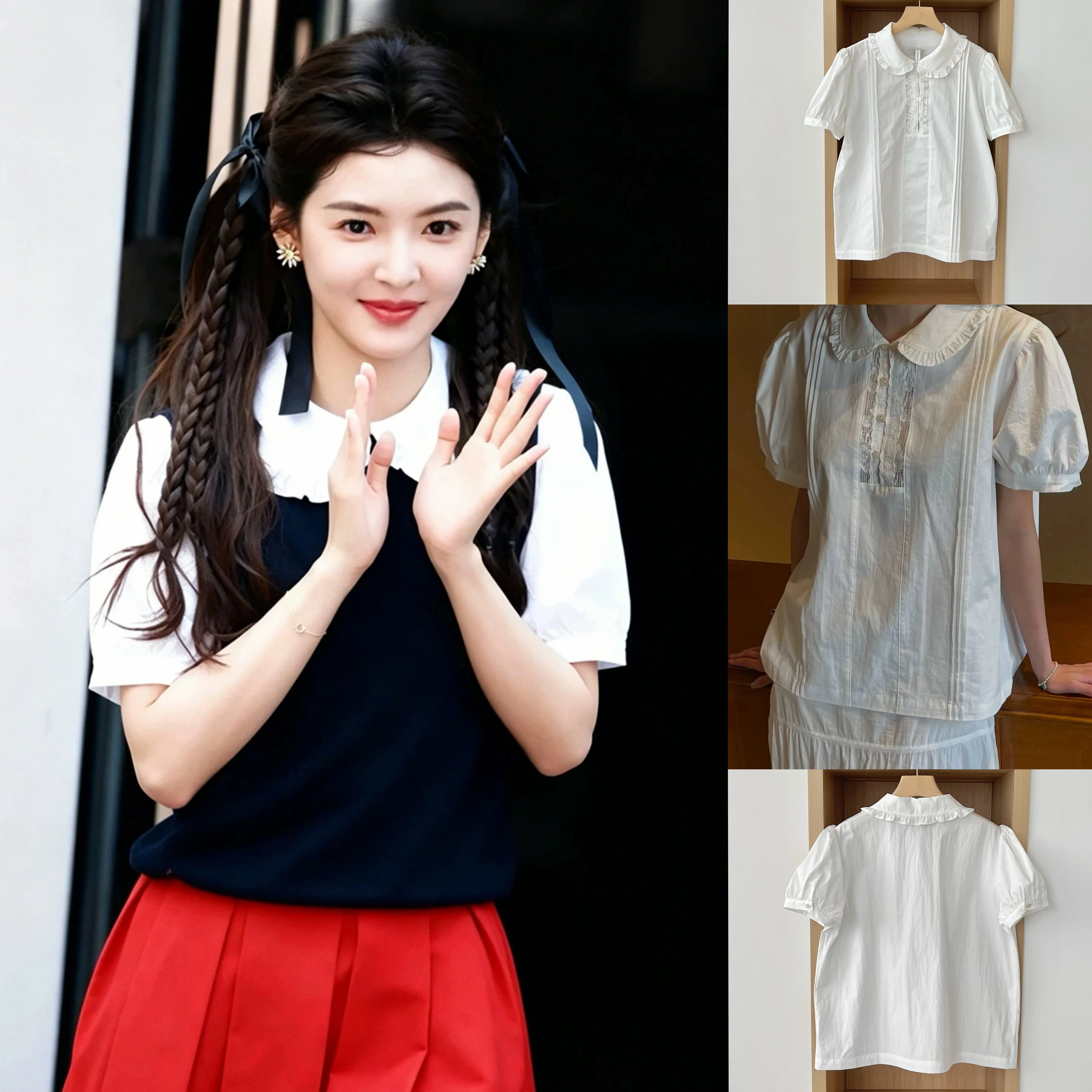 

Smoothmood Vintage Lace Patchwork Short Sleeve Doll Collar Shirt Korean Style Loose Fit Women's Summer Fashion Ladies' Shirt