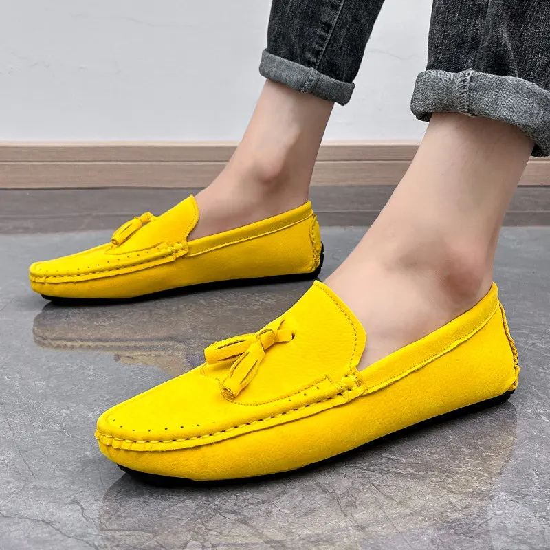 Big Size 38-48 Yellow Leather Men's Casual Shoes Soft Comfort Suede Loafers Man Fashion Slip-on Men Flat Shoes mocasines hombre