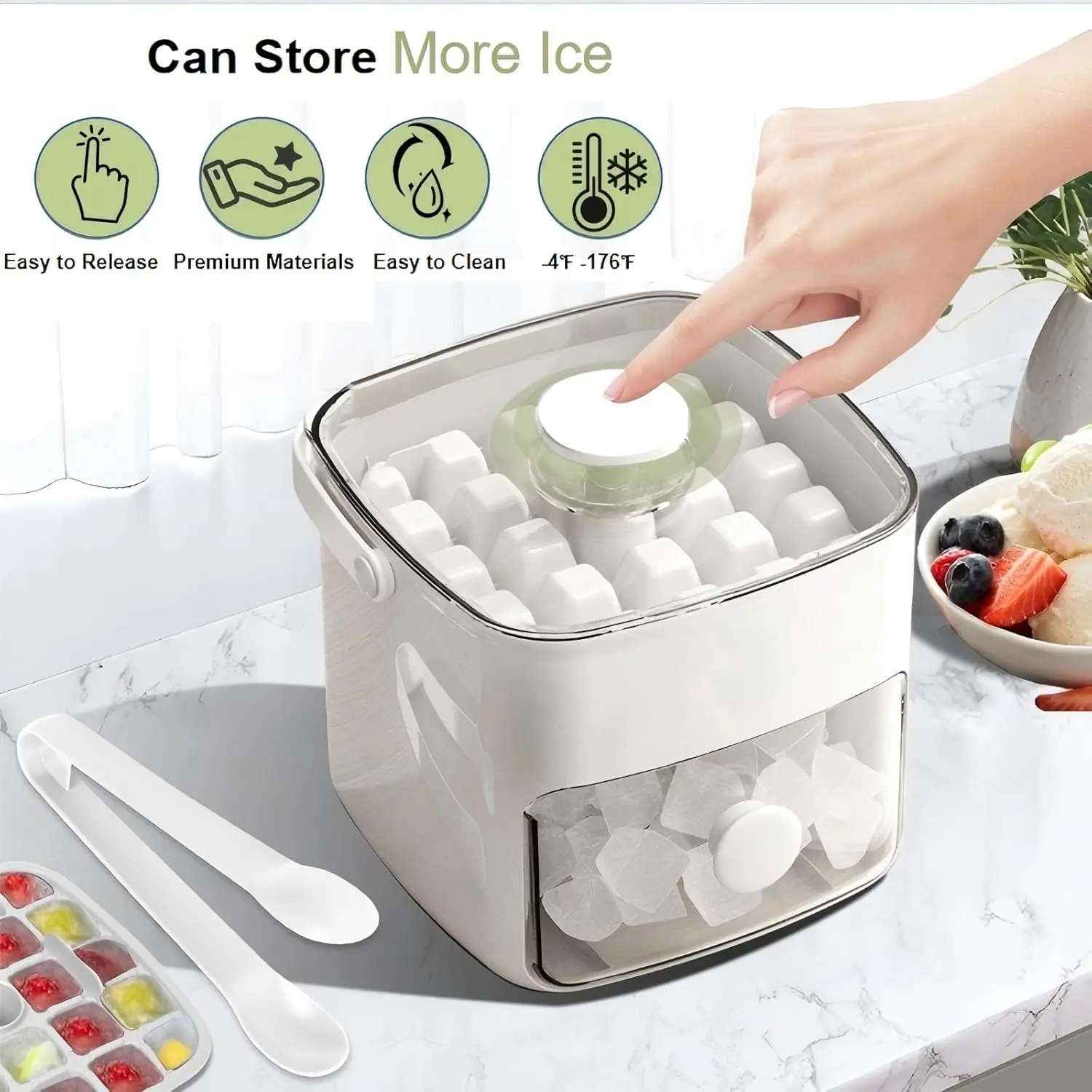 1 Set White 2-Layer Ice Cube Tray With 50 Grids Ice Cube Tray with Lid & Bin Ice Maker for Freezer Ice Trays Ice Container Ice Molds for Whiskey Cocktail Coffee Beer with Ice Tongs White Kitchen Gadgets
