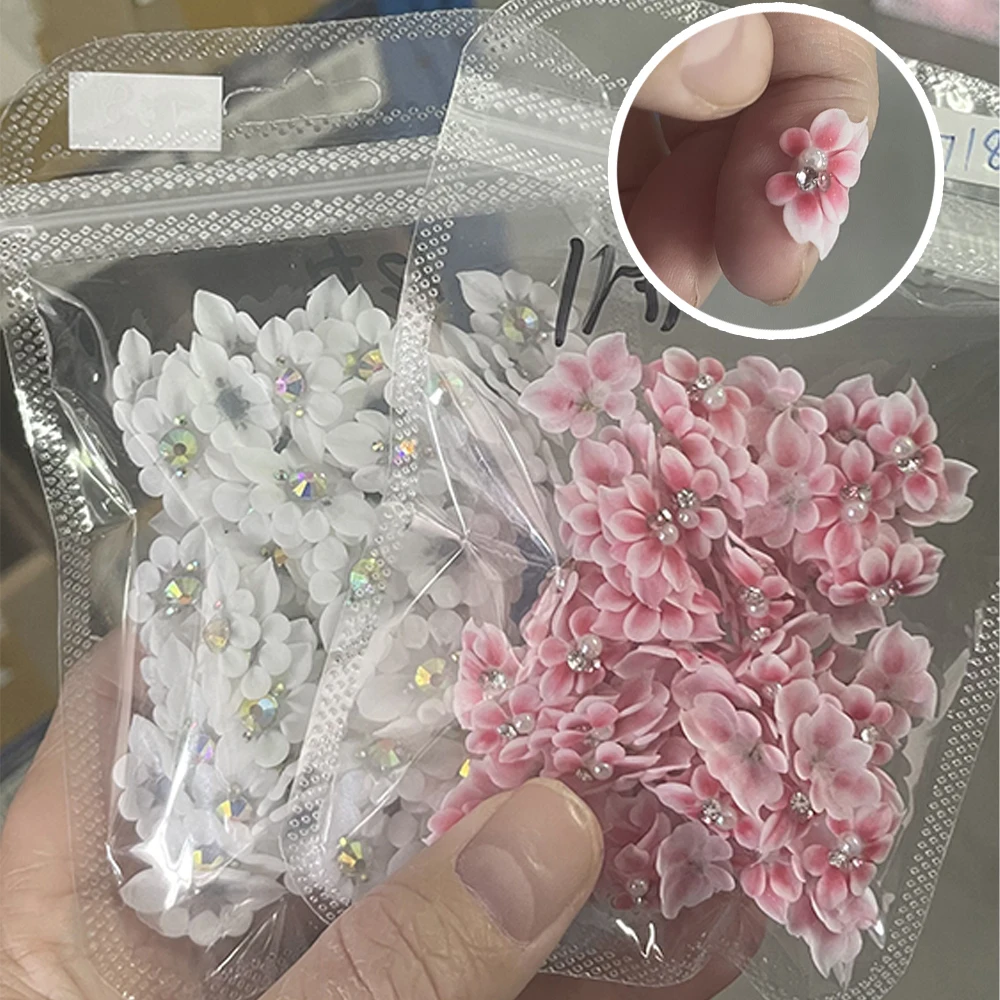 5Pcs 3D Side Flowers and Petals Nail Charms Acrylic Carved Flower Art Decor wiht Pearl Rhinestone Floret Manicure DIY Accessory*