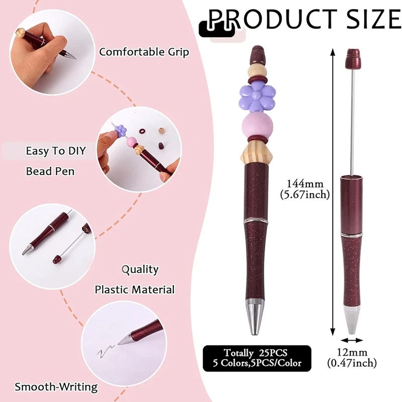 25Pcs Plastic Beadable Pens For DIY Pen Decorations Supplies Office School Brown Coffee Rose Gold Pink Goldenrod Durable