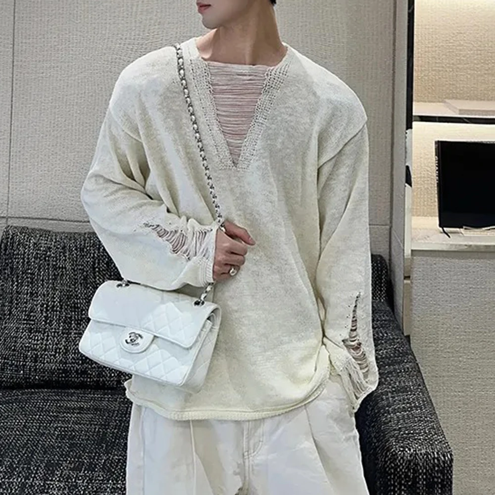 Korean Style V-Neck Knitted Long-Sleeved Sweater Men Autumn And Winter New Fashion Trend Loose Lazy Casual Knitted Sweater Men