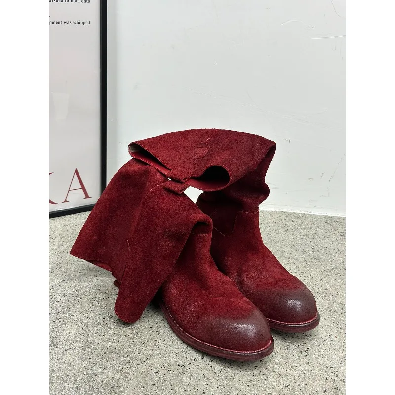 High End Handmade Genuine Leather Thick-soled Mid-Calf Knight Boots Women Shoes Outdoor Riding High Top Motorcycle Female Boots