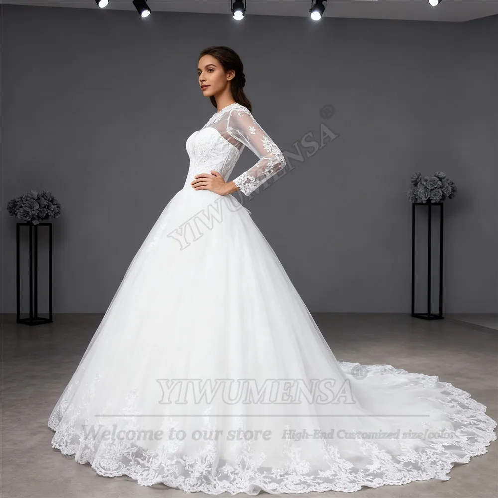 럭셔리 레이스 아플리케 웨딩 드레스 O넥 긴 소매 신부 가운 맞춤 여성 연회 파티 의상 신부 결혼 의류