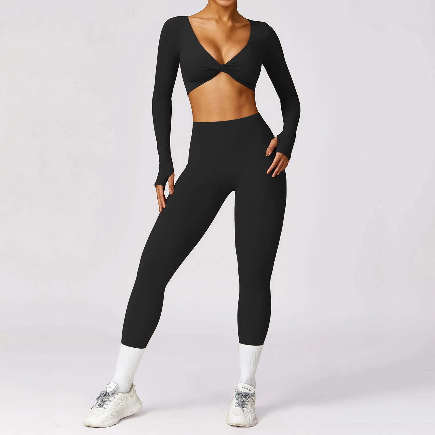 Women Yoga Set 2PCS Workout Tracksuit Sportswear Gym Clothing Fitness Long Sleeve Crop Top High Waist Leggings Sports Suits