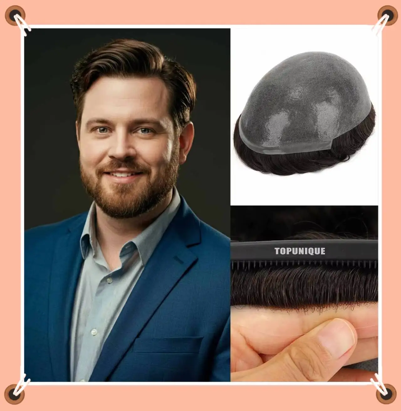 

TUS03 Мужские накладки для волос: ультратонкая основа 0.08 мм с технологией Single Knot, очень прочные, V-образная линия роста волос и Single Knotted по периметру