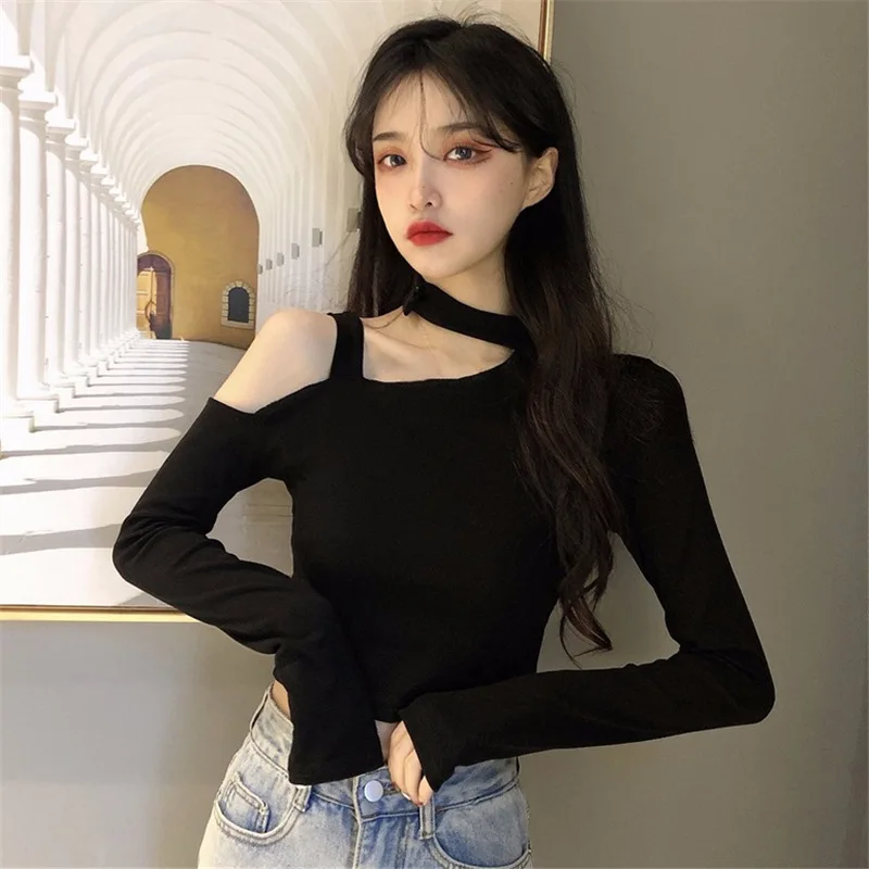 Halter Hollow Out Black Women T Shirt New Spring Summer Korean Style High Waist Full Sleeve Cropped Tops Sexy Chic