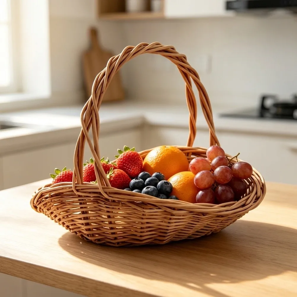 Sturdy Rattan Harvest Basket with Integrated Handle for Transporting Garden Yield Such as Peppers Cucumbers and