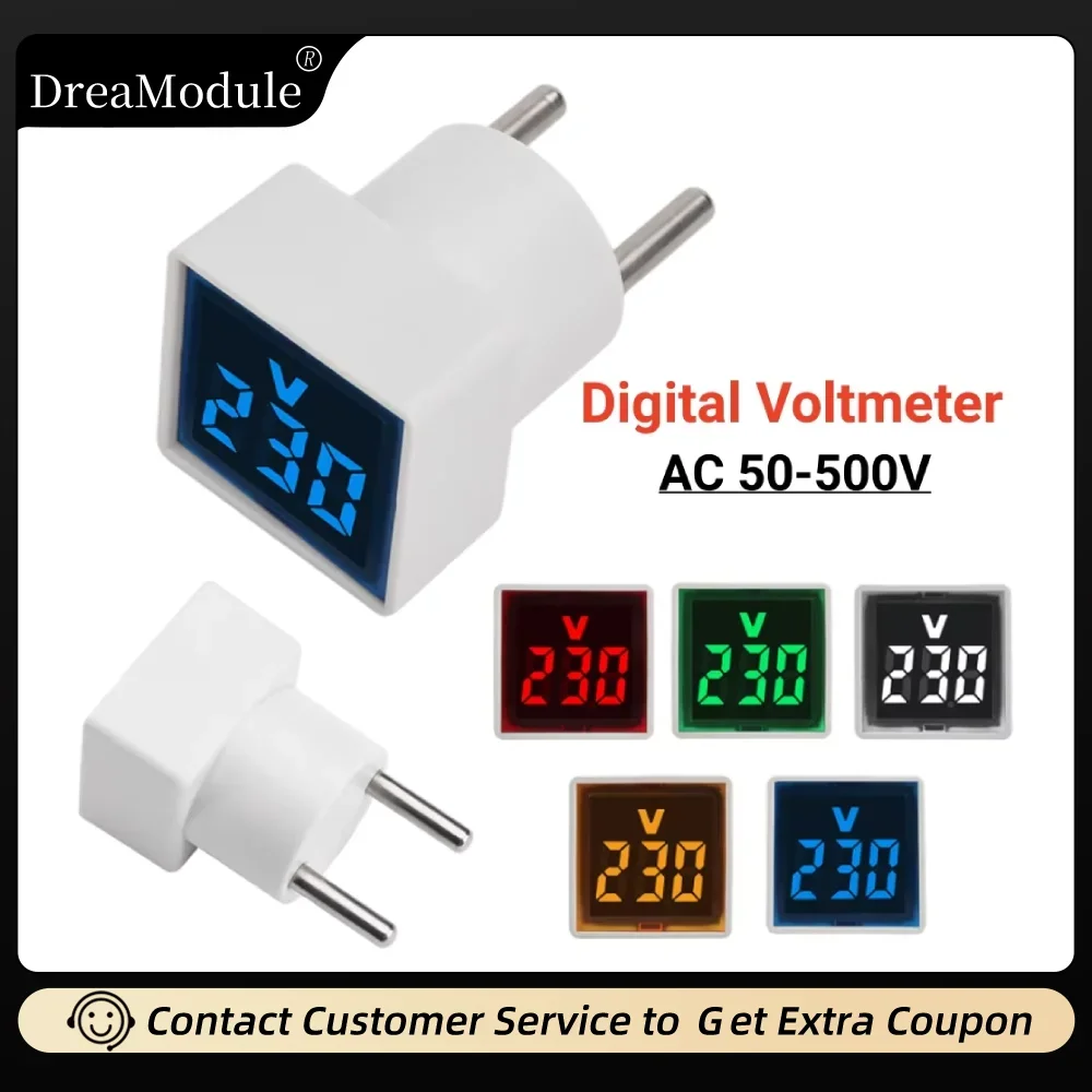 Square Voltmeter Digital Voltage Tester Monitor EU Plug LED Display Voltmeter Indicator Light Electrical Instruments AC 50V-500V