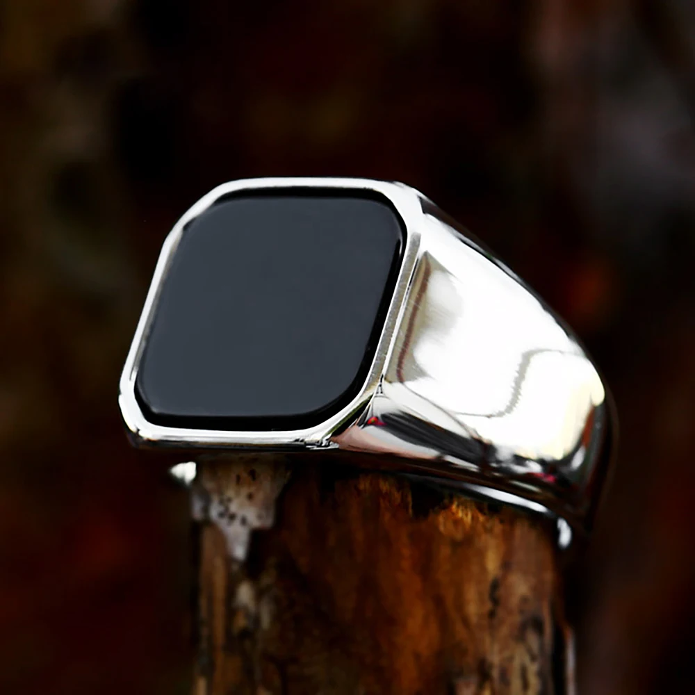 New Arrival Stainless Steel Black Agate Stone Rings For Men Women Punk Biker High Polished Square Ring Fashion Couple Jewelry