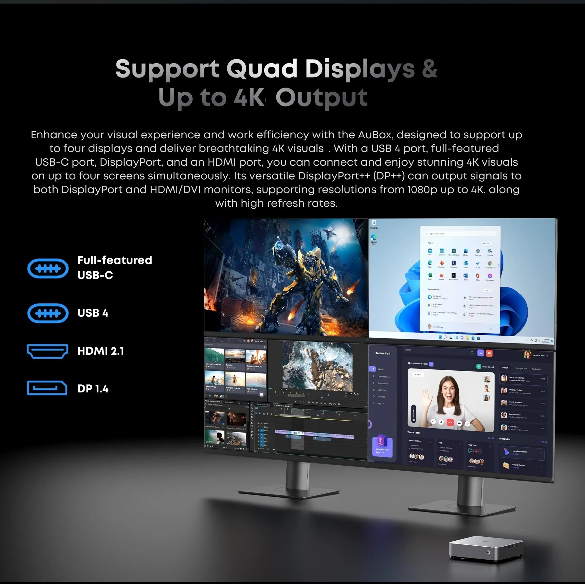 Vesa 스탠드가 포함된 CHUWI AuBox AMD Ryzen 7 8745HS 미니 PC 16GB DDR5 512GB SSD Windows 11 Pro 4K 디스플레이 AI-Link WiFi 6 BT 5.1