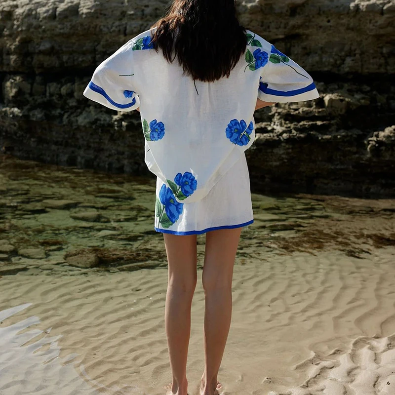 

Leisure Floral Printed Linen Two Piece Fashion Lapel Single Breasted Short Sleeve Shirts&Mini Skirts Sets Elegant Loose Outfits