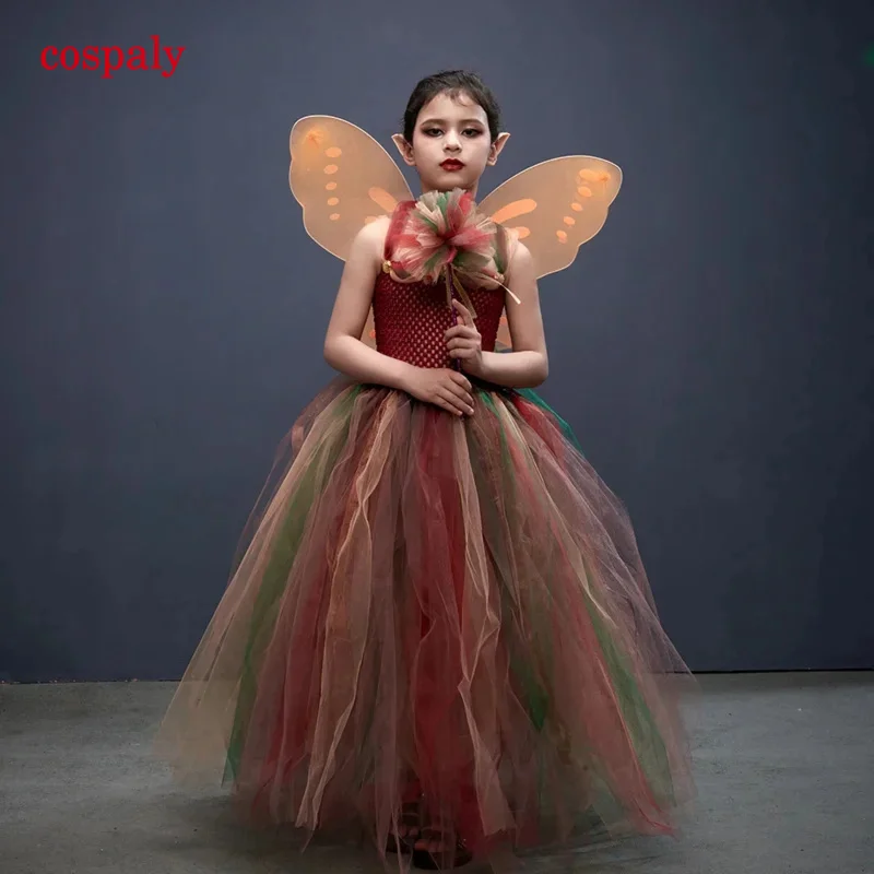 Girls Forest Fairy Princess Costume For Halloween Birthday Party Fancy Dress Fall Children Woodland Nymph Pixie Gown Tutu Dress