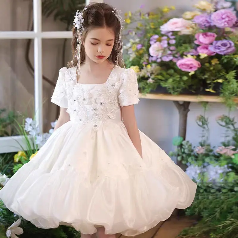 Jill Wish J547 luxe blanc fleur fille robe fleurs col carré pour princesse mariage anniversaire concours Communion robe de fête