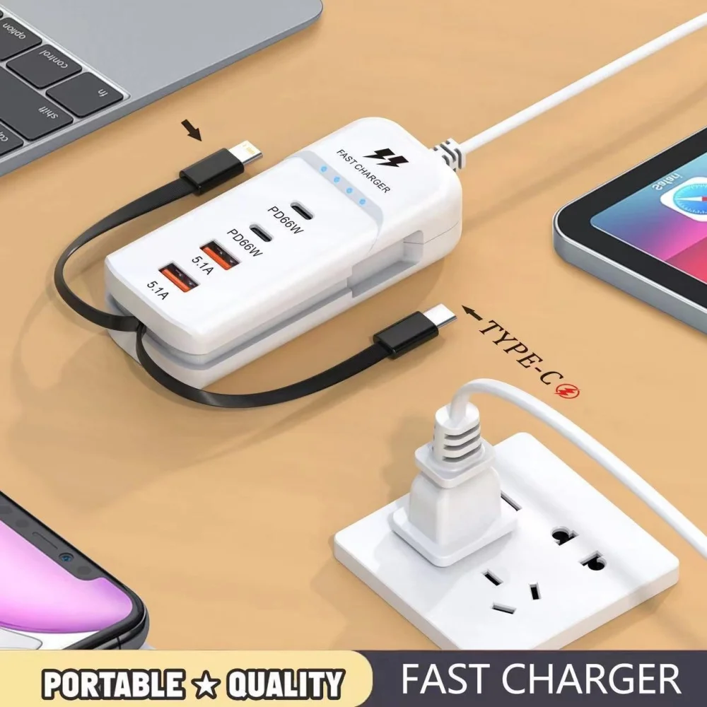 66W USB Type C Fast Charger Power Socket Mobile Phone Charger With Breathing Lamp For iPhone 16 Pro Xiaomi 4 Ports Wall Adapters