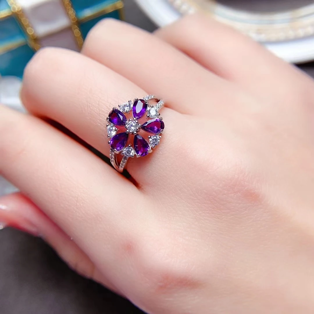 

Fashion Silver Statement Ring 3mm*5mm VVS Grade Natural Amethyst Silver Ring 925 Silver Amethyst Ring