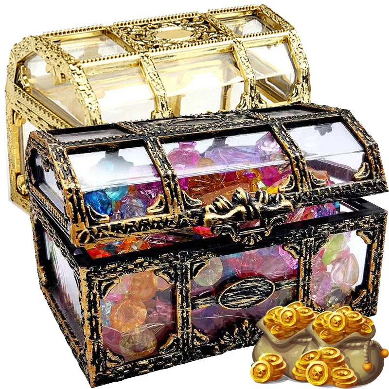 Vintage Pirate Gold Coin Box Retro Transparent Pirate Treasure Chest Crystal Gem Jewelry Case Storage Organizer Trinket Keepsake