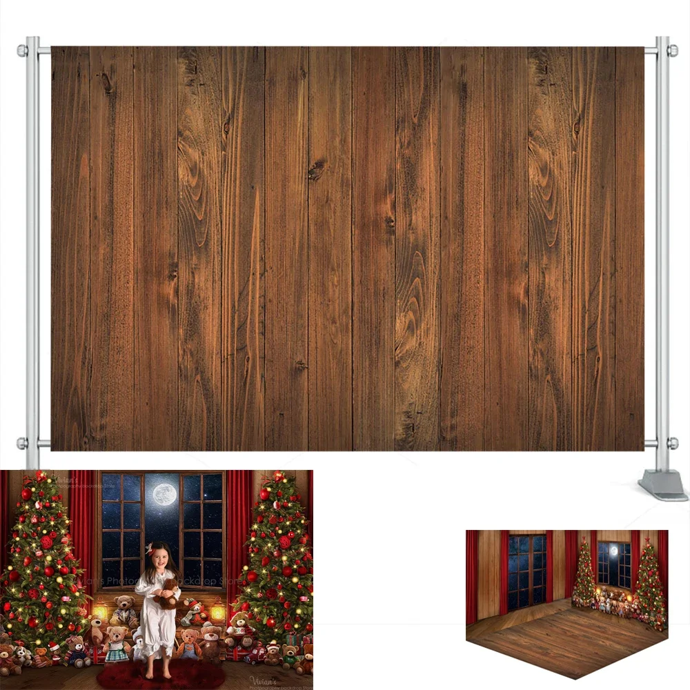 Toile de fond de photographie de Noël pour enfants, portrait d'enfant, ours, bannière de festival, grande lune, plancher en bois, studio photo de bébé