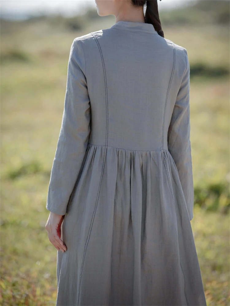 Bawełniane jednolite kolorowe sukienki Vintage dla kobiet 2024 nowa wiosna jesień na co dzień długa moda elegancka sukienka biurowa damska odzież