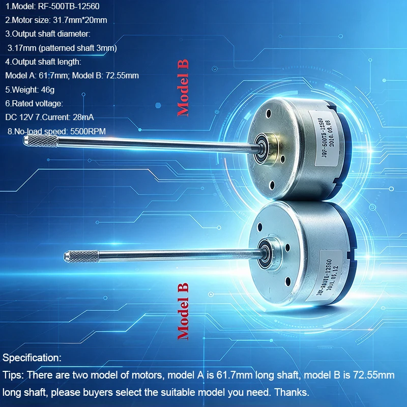 Mini 500 Long Shaft RF-500TB-12560 DC 6V-12V 5500RPM Micro 32mm Electric Motor with Ball Bearing for DIY Fragrance Machine