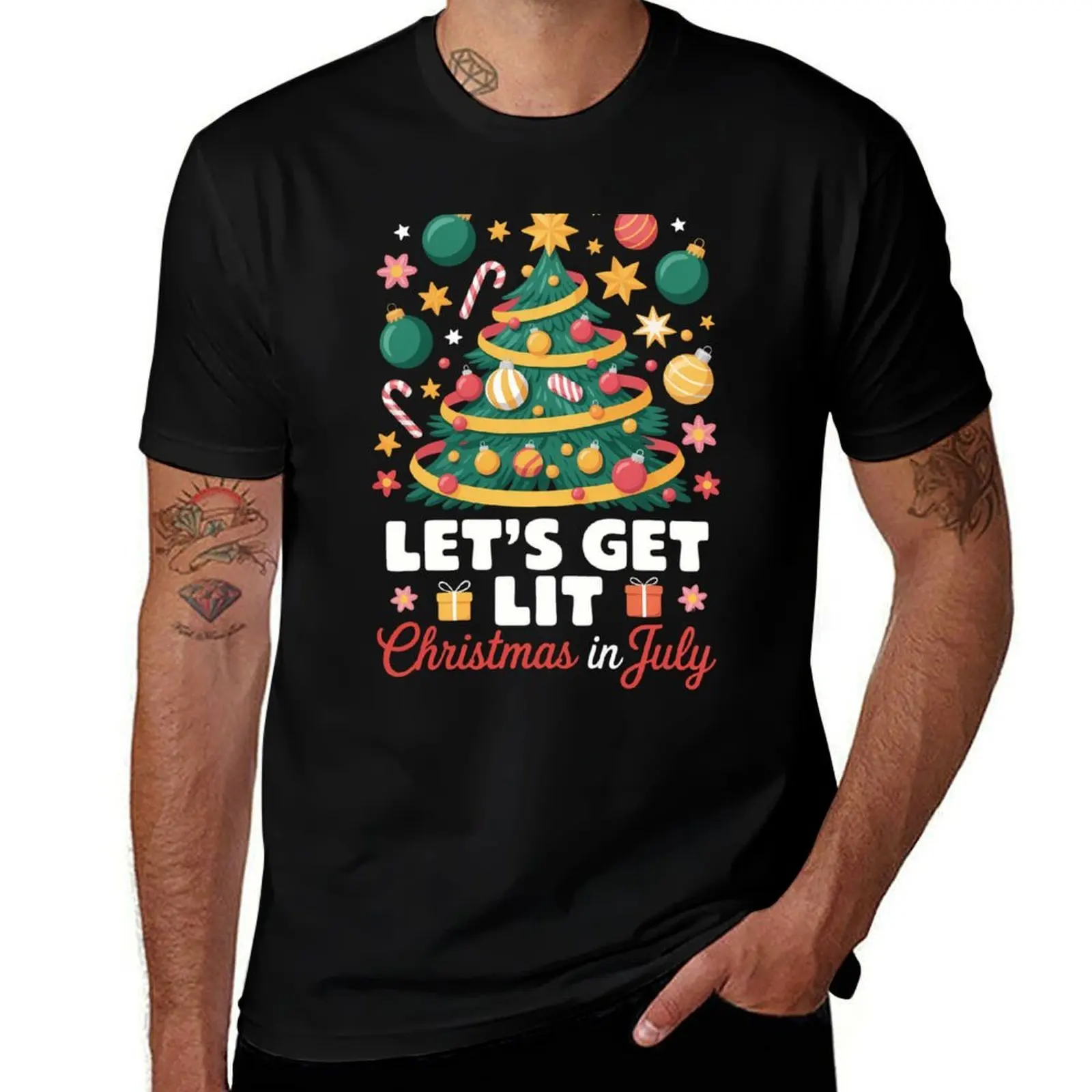 

Summer Lets Get Lit Christmas In July Tropical Christmas T-Shirt street wear plus sizes big and tall t shirts for men
