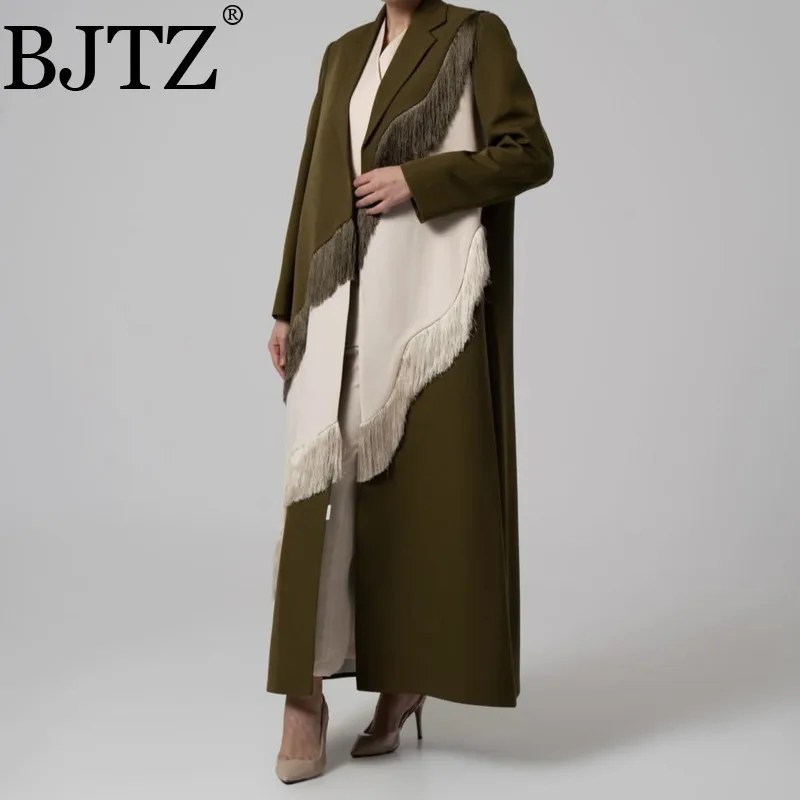 BJTZ الصناعة الثقيلة شرابة الربط دعوى شخصية قطع معطف طويل للنساء 2025 ربيع الخريف جديد فضفاض الإناث أبلى