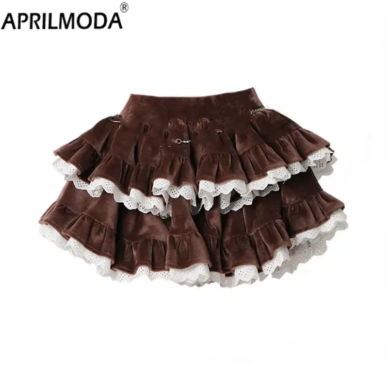 

2024 Black Brown Corduroy Velvet Mini Kawaii Skirt Sweet Cute Fashion Y2K Hot Girl Kpop Aesthetic Vintage Women's Cake Skirt