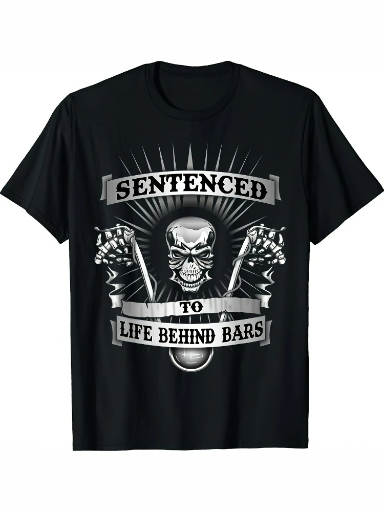 

Life behind bars motorcycle skeleton hanger motorcycle printed T-shirt, summer cotton short-sleeved casual T-shirt male.