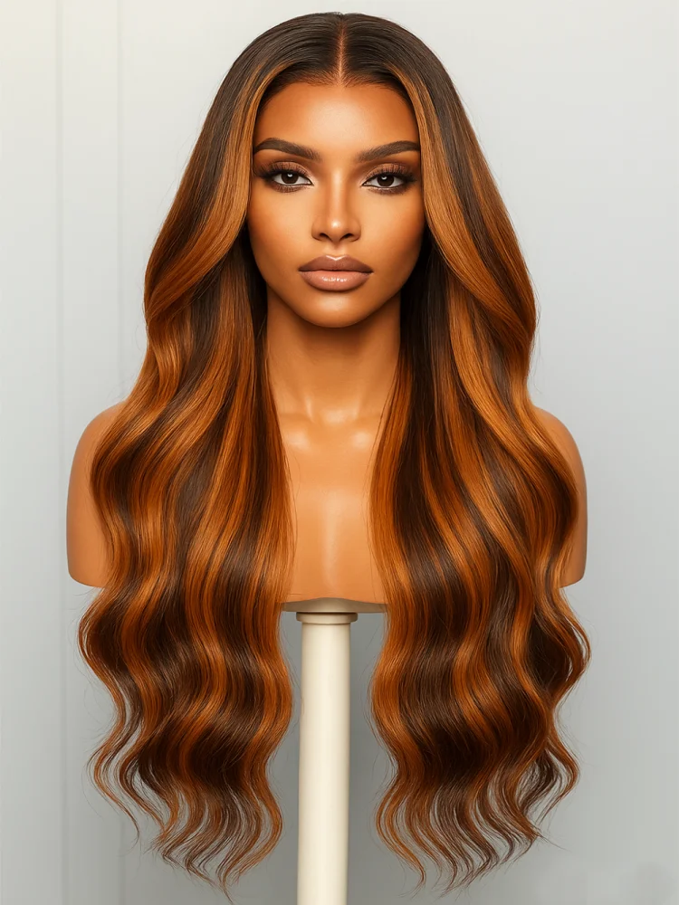 

5x5 Lace Frontal Glueless Wigs #4/350 No Silk No Glue Highlight Wigs Ombre Ginger With Brown Body Wave Human Hair Wigs For Women
