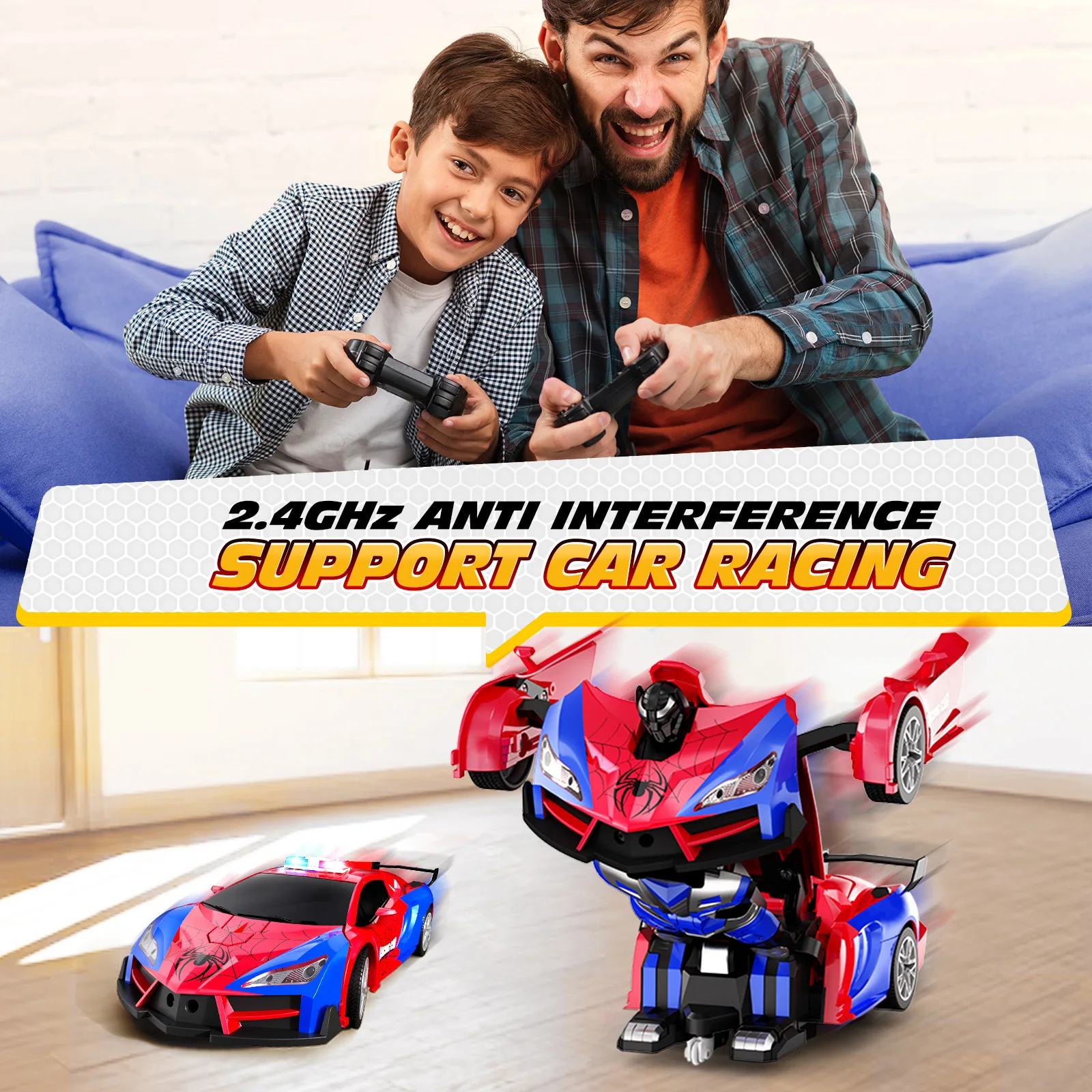Carro de controle remoto-detecção de gestos, transformar carros RC para crianças, brinquedo robô de transformação de um botão de 2,4 GHz com luzes LED