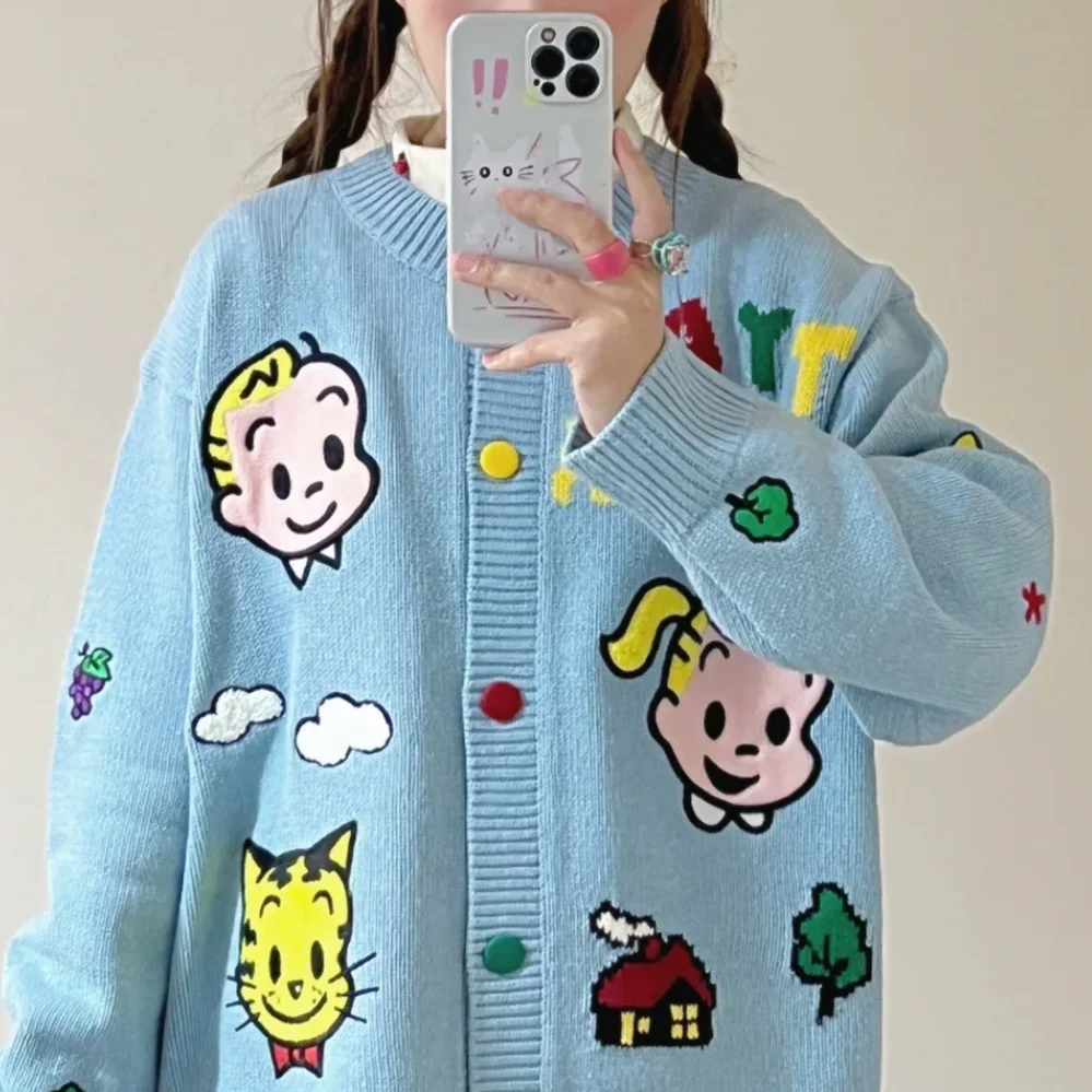 

Retro Knitted Open Cardigan Loose Fit Rainbow Candy Button Color Blo Cartoon Patchwork Youthful Feeling Sweet Sle Sweater