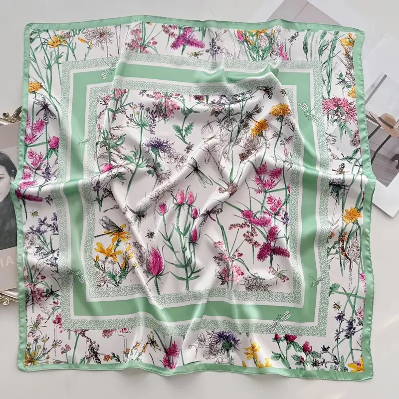 Plants Flowers Square Silk Scarf For Women Hijab Hair Bands Neckerchief Female Satin Shawl Ribbon Headband Neck Fashion Bandana image 6