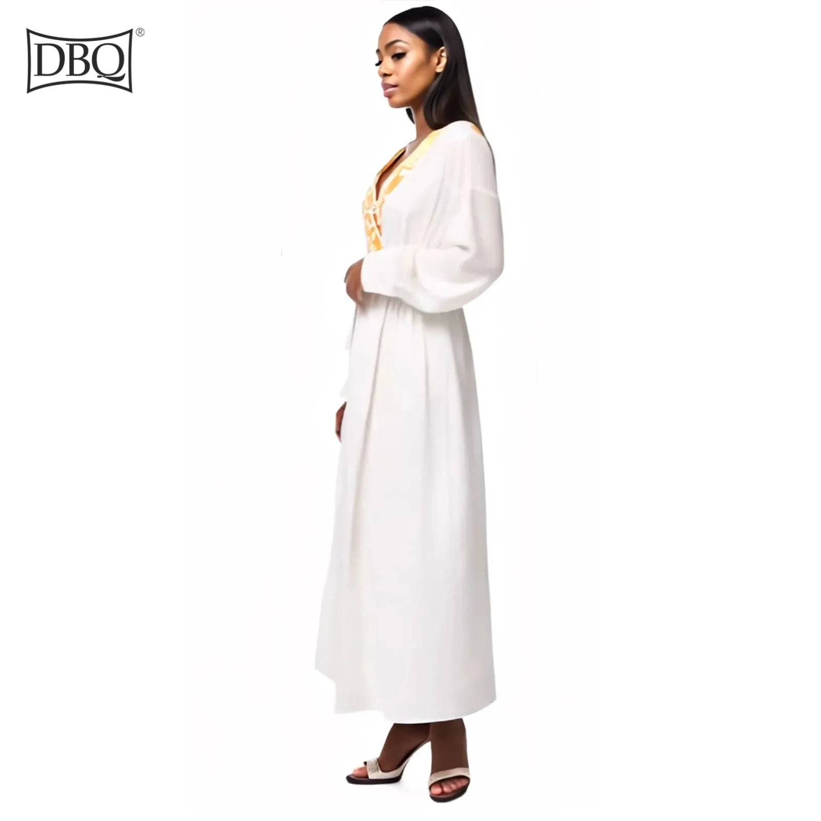 DBQ 여성 아프리카 스타일 v 넥 하이 웨스트 a 라인 맥시 드레스 수 놓은 우아한 슬립 드레스 42012