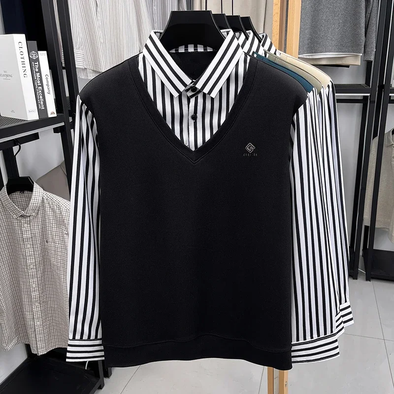 Mens Casual Fake Two Piece Sweater Shirt Striped Collar Long Sleeve V Neck Pullover For Business And Daily view 2
