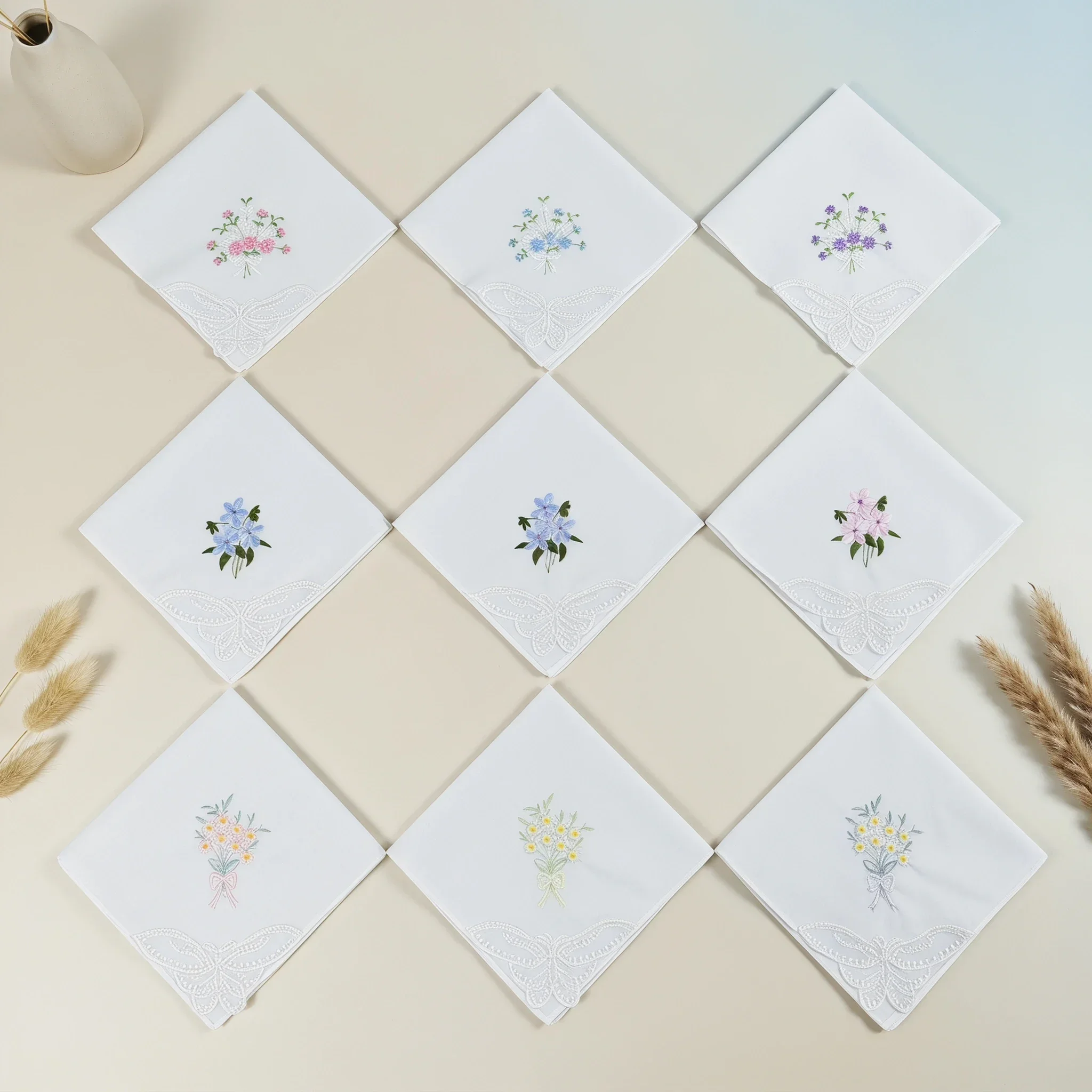 Thin Style 9Pcs White Base Embroidered Floral Handkerchiefs, Lightweight Fabric Decorative Hankies, 28.5cm/11.2in, Multiple Colo