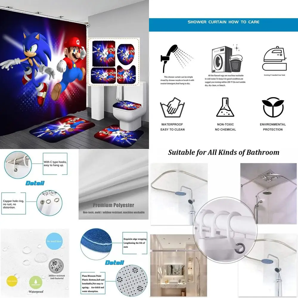 

Super Sonic & Mario Bathroom Decor Set: Shower Curtain, Toilet Seat Cover, Bath Mat & Rugs, Waterproof, 72x72