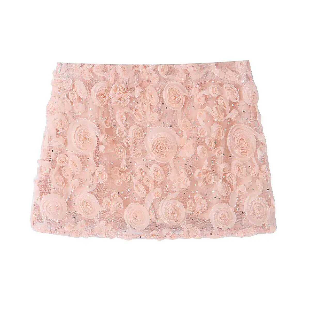 3D Rose Floral Sequin Mesh Women's Mini Skirt Shorts French Style Personalized Temperament Woman Clothes Pink Sweet Shorts
