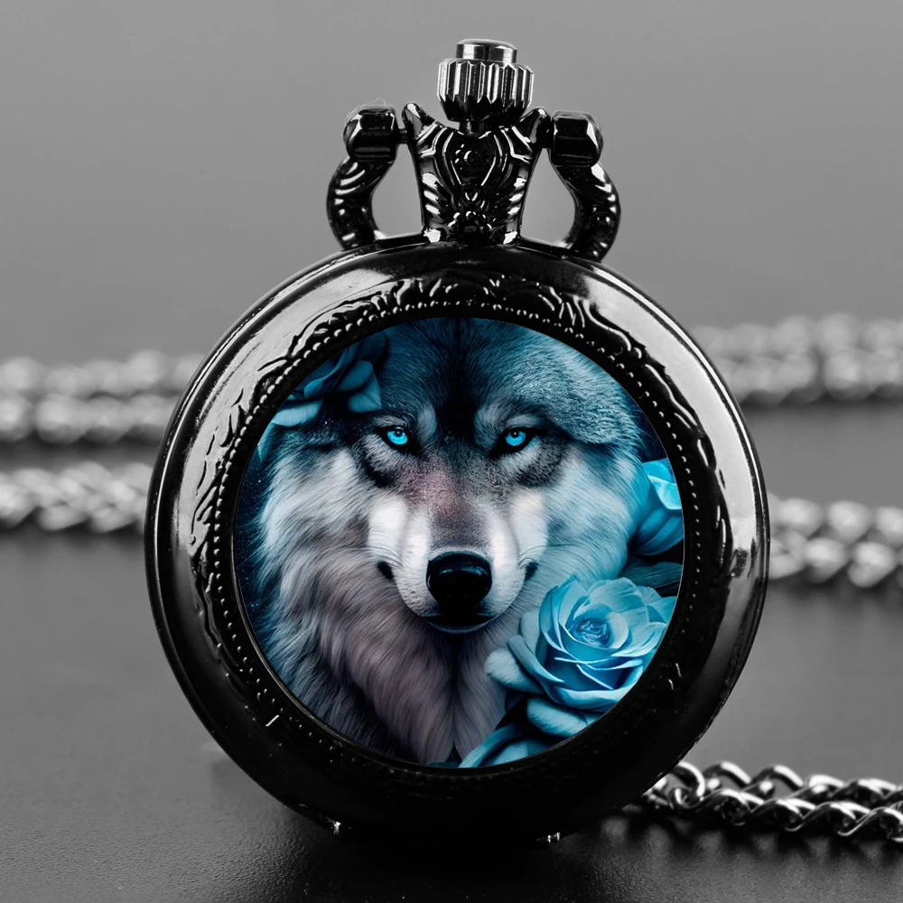 Reloj de bolsillo de cuarzo con parche de cristal rosa de lobo gris, una combinación de romance y Vida Salvaje