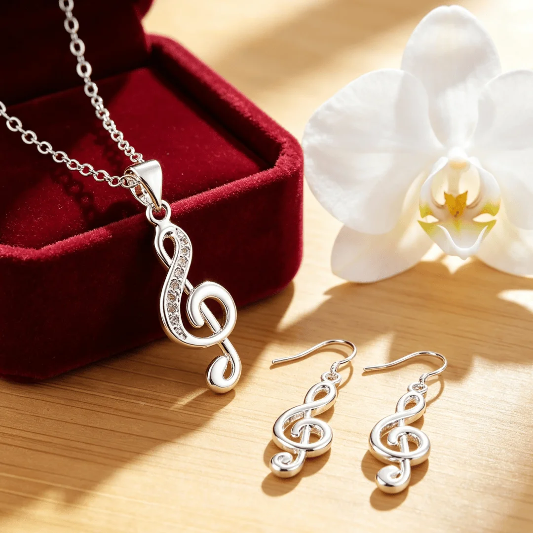 New Fine 925 Sterling Silver Musical note Necklace Earrings Jewelry Sets for Women Fashion Wedding Party Holiday Gifts