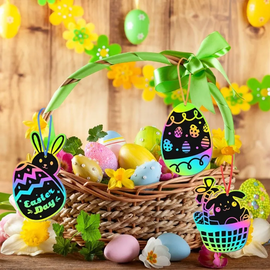 80 枚イースタースクラッチカード紙色ロープと竹ペンカラフルなスクラッチオフ絵画ウサギとニンジンギフトパッケージ