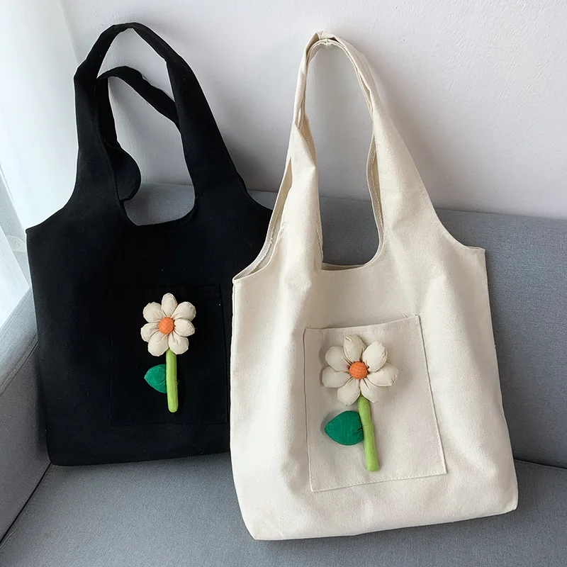 Canvas Bag Women's Single Shoulder Japanese and Korean Style Three-dimensional Flower Decoration Colorful Canvas Vest Bag