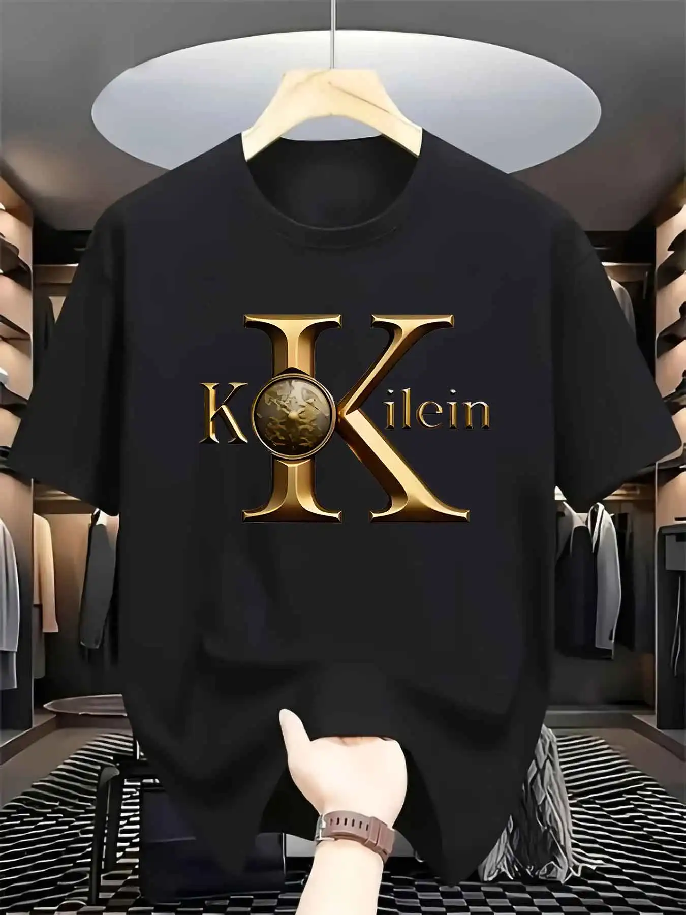 Summer Men's Round Neck T Shirt Casual Metallic Golden Letter Emblem Pattern Print Short Sleeve Tees Loose Daily Wear Tops