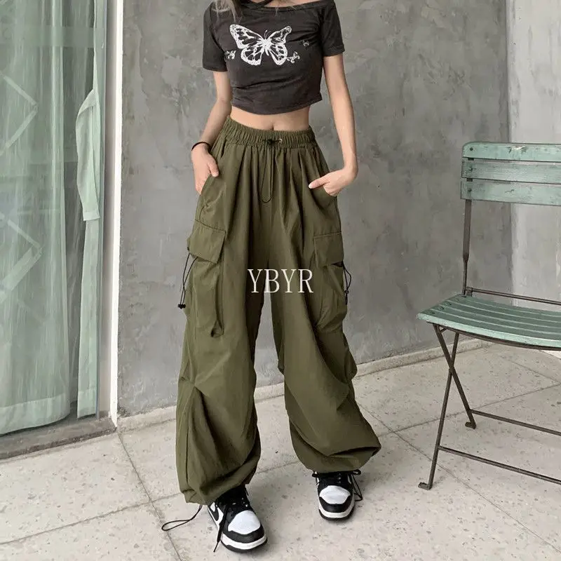 Women Parachute Cargo Pants Quick Dry High Waist Slouchy Pants with Large Pocket Sports Sweatpants for Female All Season Fashion