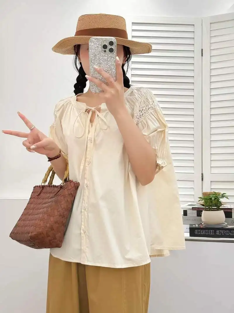 ใหม่2025ฤดูร้อนผ้าฝ้ายแขนสั้นเสื้อผู้หญิงVคอเย็บปักถักร้อย, Moriสาวภาษาฝรั่งเศสคําเดินทางอายุลดเสื้อหลวมT57221CC