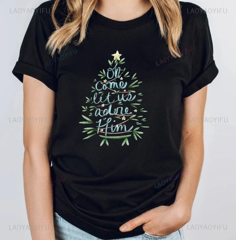 Christmas Tree Jesus Bible Quote Woman Man Printed T-shirt Love Like Jesus New Year Xmas Cotton T Shirts Merry Christmas Tops