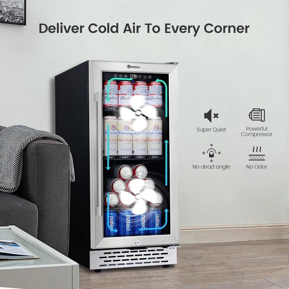 15 inch Beverage Refrigerator with Glass Door 180 Cans Mini Beverage Cooler Under Counter Frestanding Built