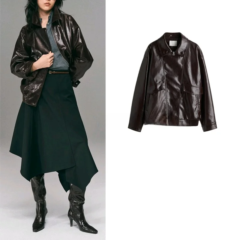 American Sle 여성용 패션 모터사이클 재킷 롱 슬리브 턴다운 칼라 코팅 가죽 코트 가을 겨울 신상품