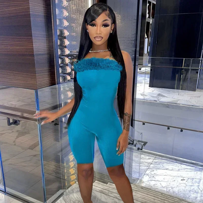 

GUWU комбинезон с открытой спиной и перьями, топы-трубы, облегающие короткие комбинезоны для женщин, комбинезоны для вечеринок, клубная одежда, сексуальные наряды