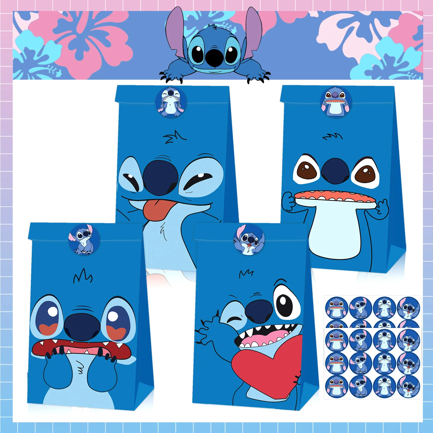 

4Pcs Disney Lilo & Stitch Favor Gift Paper Bags With Stickers Stitch Birthday Candy Packing Bags For Baby Shower Party Suppl