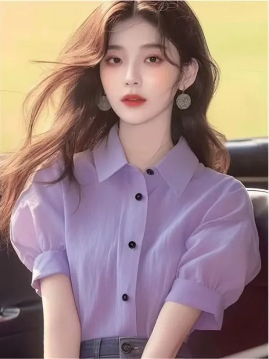 

Chic Unique Summer 2025 Collar ort Sve irt Light Purple Women's Original Design Straight Cut Silk Satin Bubble Sl...